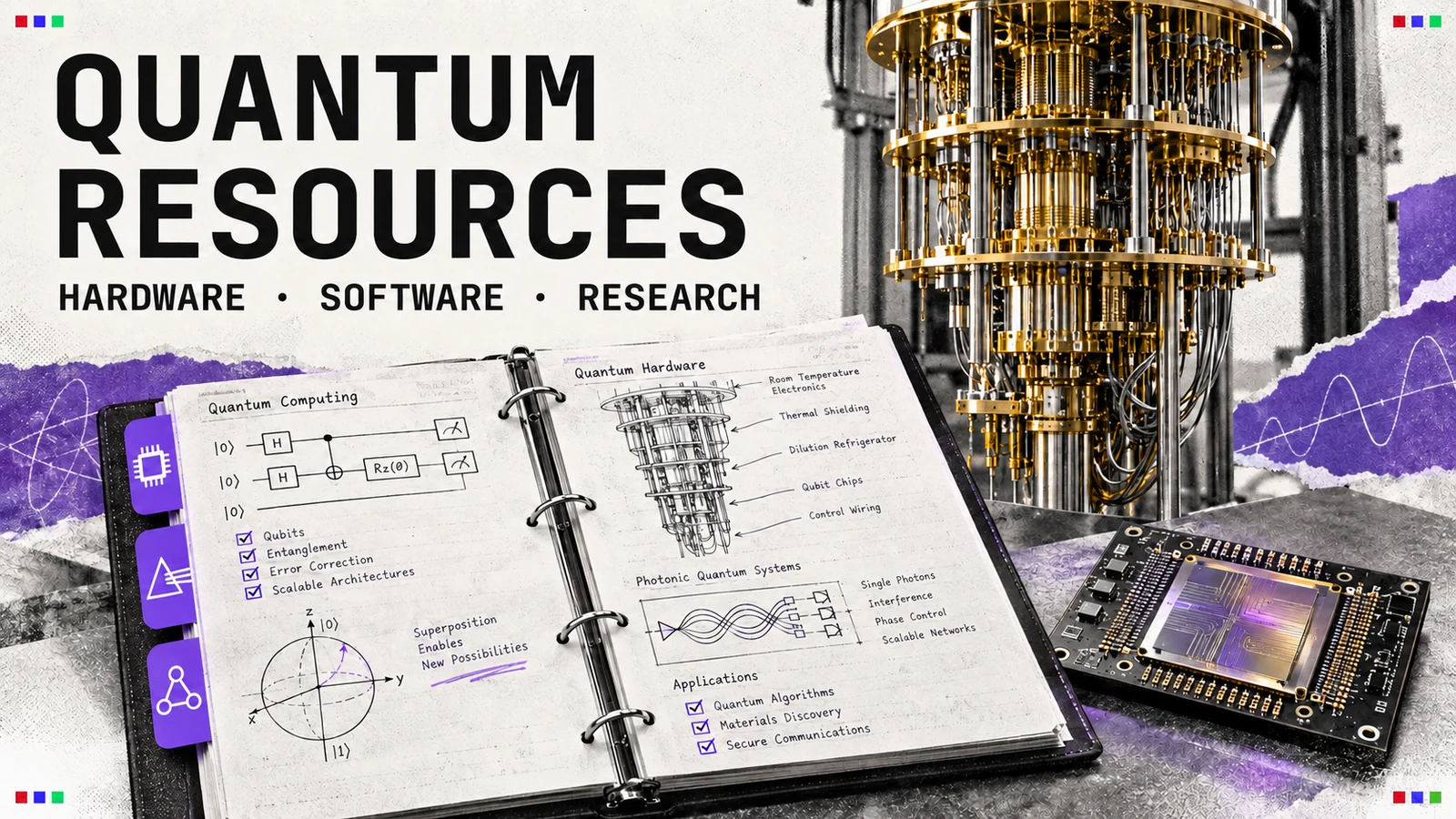 A quantum research notebook, cryostat and photonic chip.