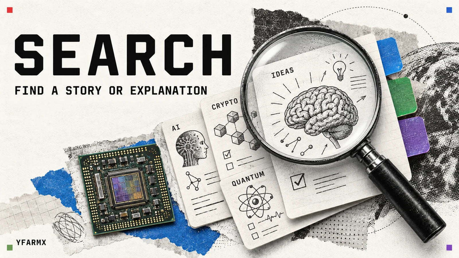 A magnifying glass over technology reference cards beside a processor.