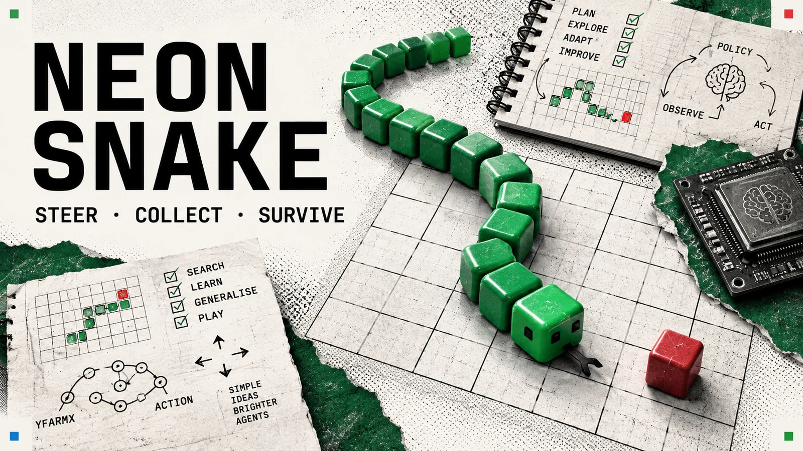 A green block snake moves across a grid towards a red cube.