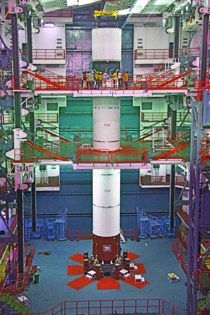 A GSLV rocket stage inside its assembly building.