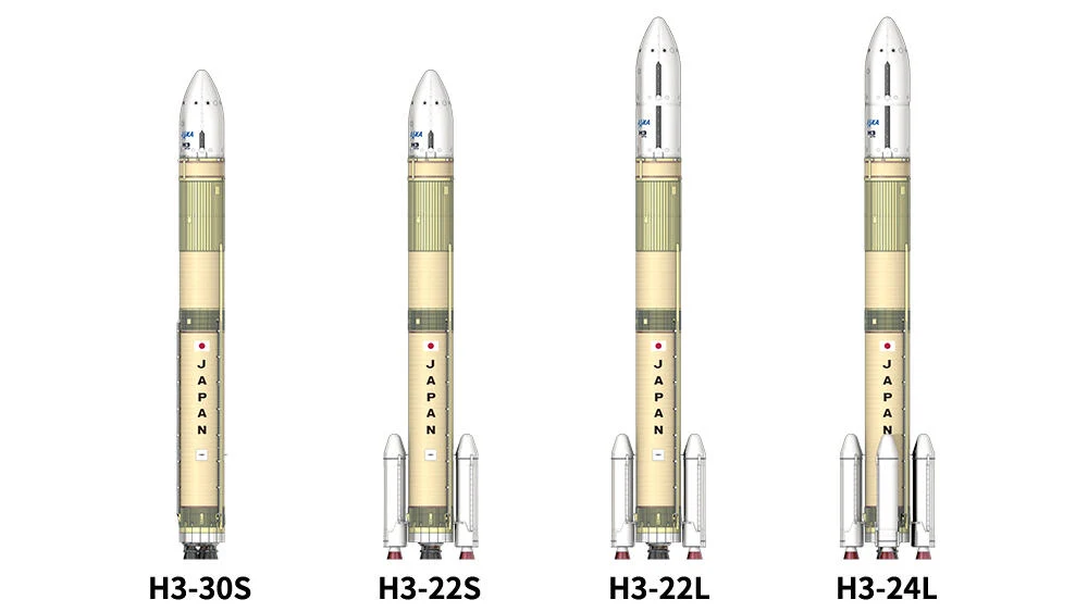 Four H3 rocket configurations with different boosters and fairings.