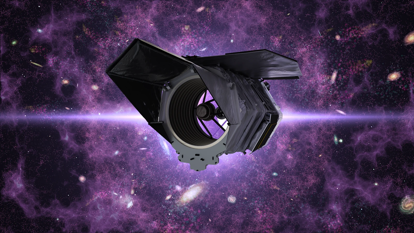 The Roman Space Telescope with its sunshield and mirror assembly.