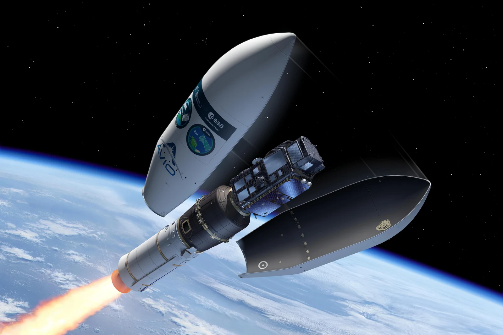 Sentinel-3C and FLEX inside the open Vega-C fairing above Earth.