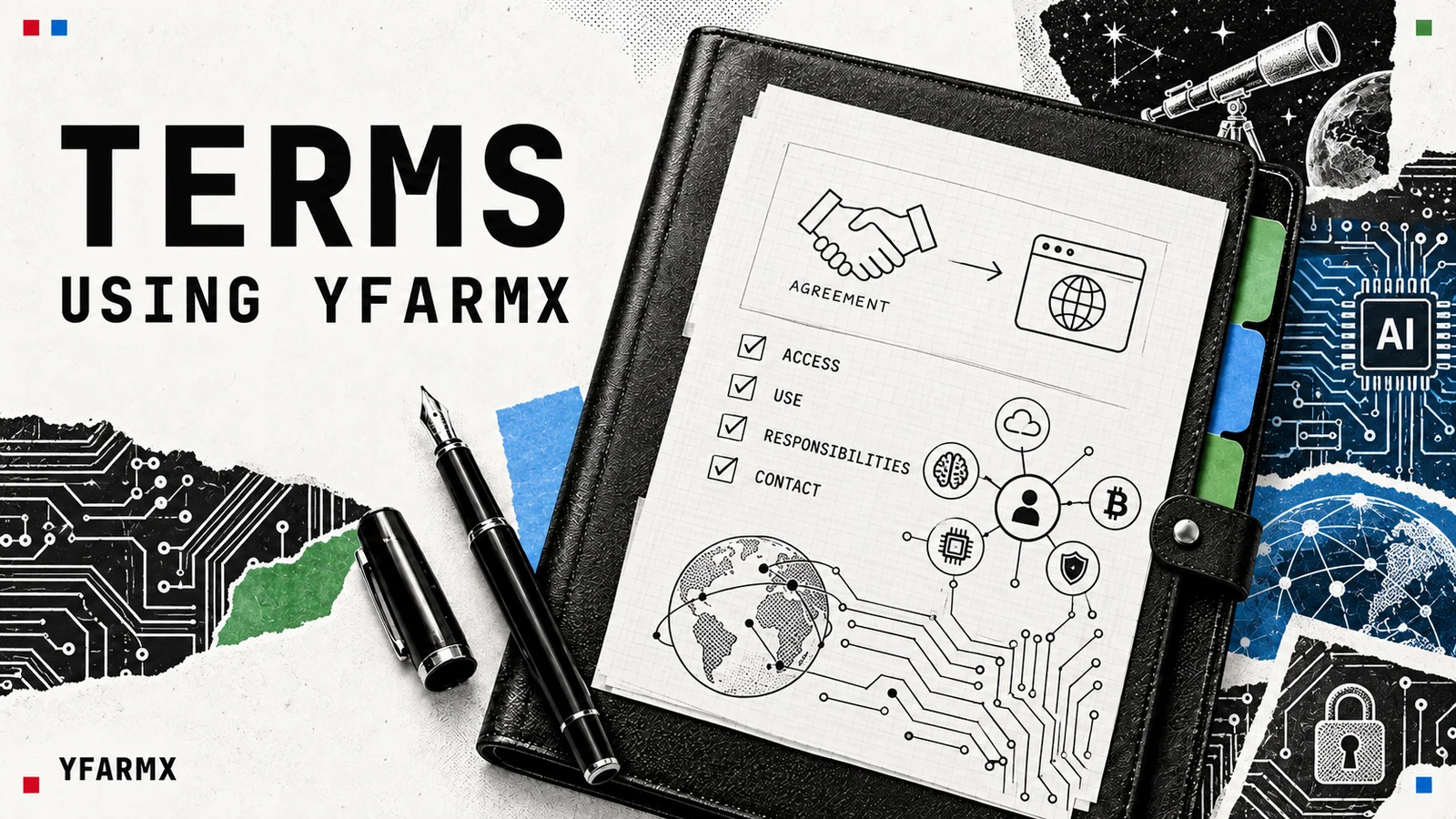 An agreement folder, technology diagrams and fountain pen.