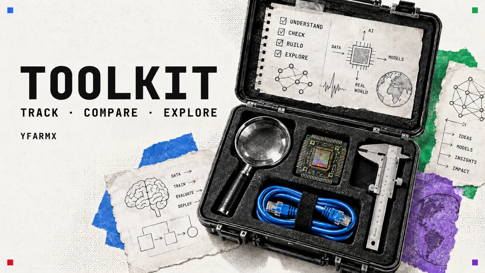 A toolkit containing a processor, magnifying glass, calliper and network cable.