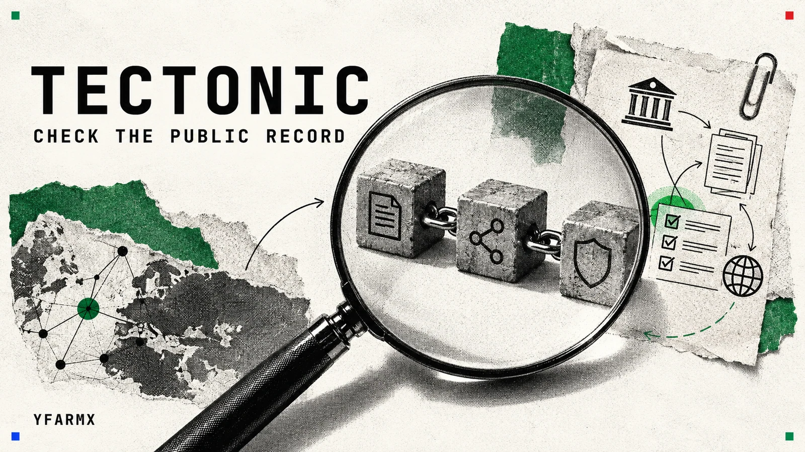 A magnifying glass over linked blocks and evidence diagrams.