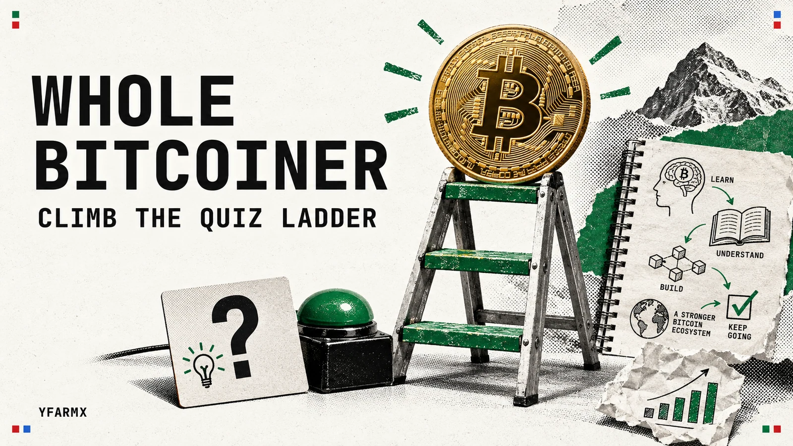 A Bitcoin coin above a ladder beside quiz notes and a buzzer.