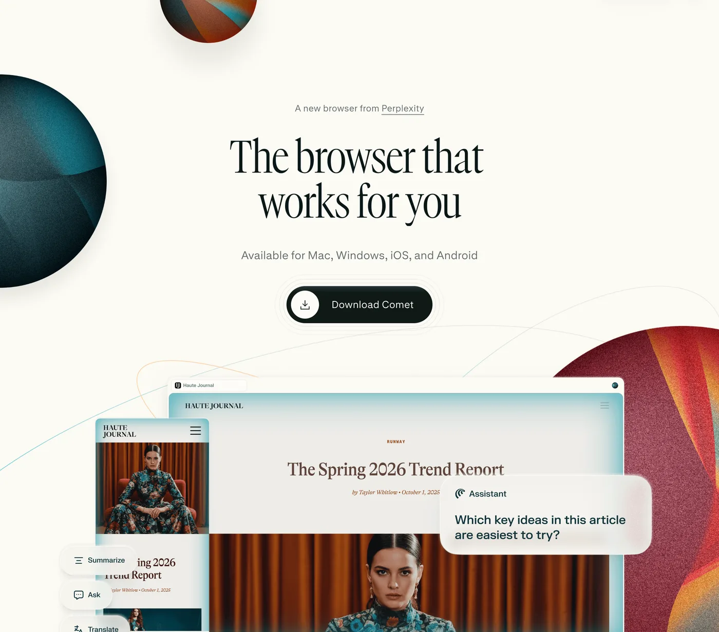 Screenshot of Perplexity's Comet page showing the browser open on a magazine article with the Comet Assistant chat bubble over the page asking which of the article's ideas are easiest to try