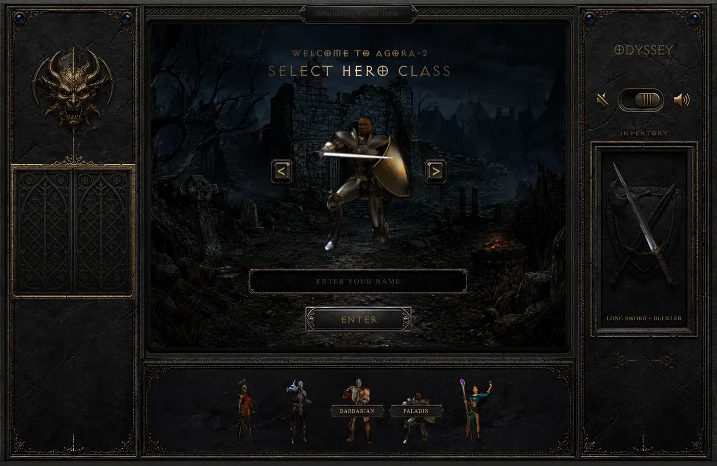 The Agora-2 web preview in a dark ornate game frame: the heading Welcome to Agora-2, Select hero class, over an armoured hero lunging with a sword and a round shield in a ruined graveyard, a name field and an Enter button beneath, a row of five hero figures along the bottom, and an inventory panel on the right showing a long sword under the Odyssey wordmark.