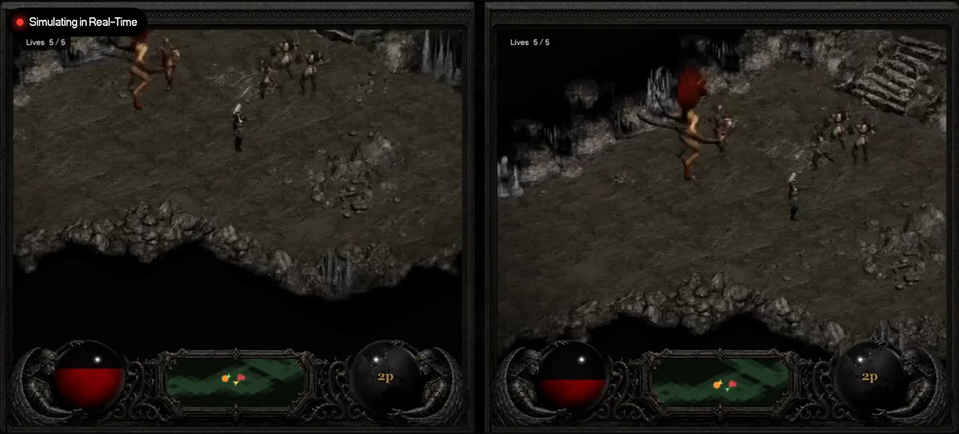 Two side-by-side Agora-2 game screens of the same isometric cave: in each, a white-haired player character stands on rocky ground as a group of monsters, one of them tall and red, closes in, with Lives 5/5 in the top corner and a red health orb, a green minimap and a 2p marker along the bottom.