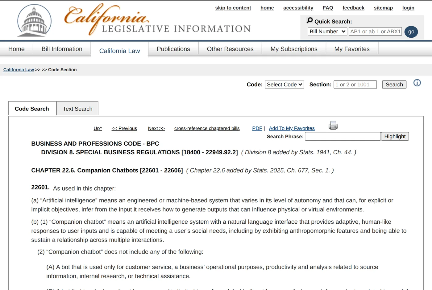 Screenshot of the chaptered SB 243 text on the California Legislative Information site, showing section 22601's definitions including the full companion chatbot definition with its three carve-outs for customer service bots, video game characters and voice assistant hardware