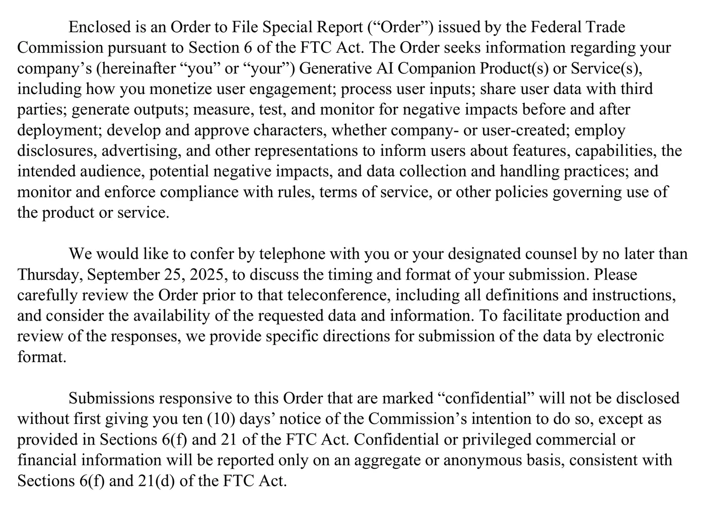 Crop of the Federal Trade Commission's 6(b) order cover letter to AI companion chatbot operators, showing the compulsory process language ordering the companies to file a special report and the study's stated subjects including monetisation, harm mitigation and disclosures