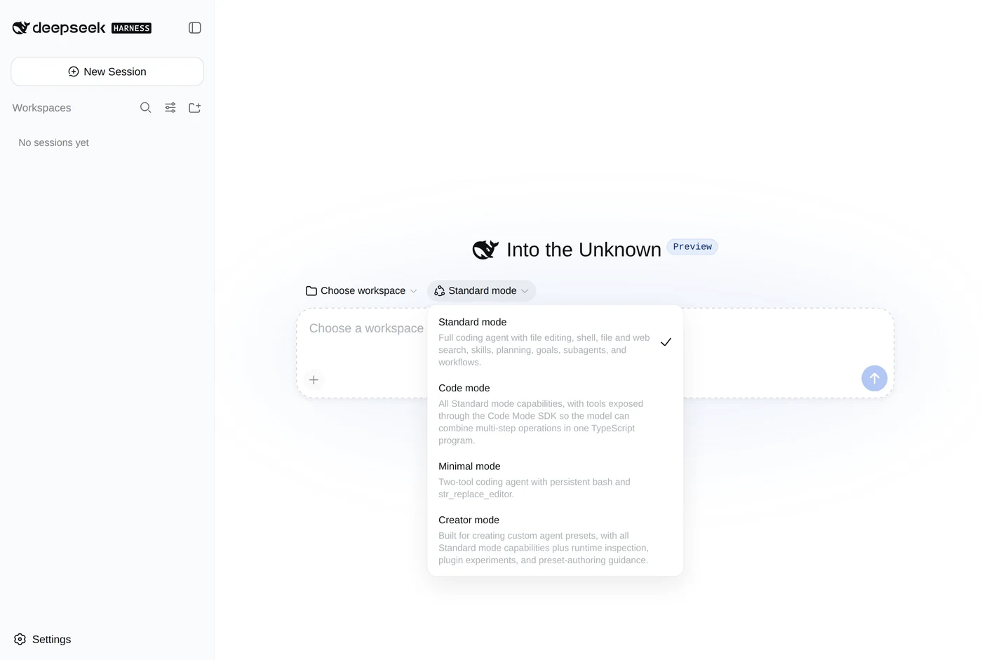 Screenshot of the DeepSeek Harness mode selector open, listing Standard mode with a tick, Code mode, Minimal mode and Creator mode, each with a description of what the agent is given