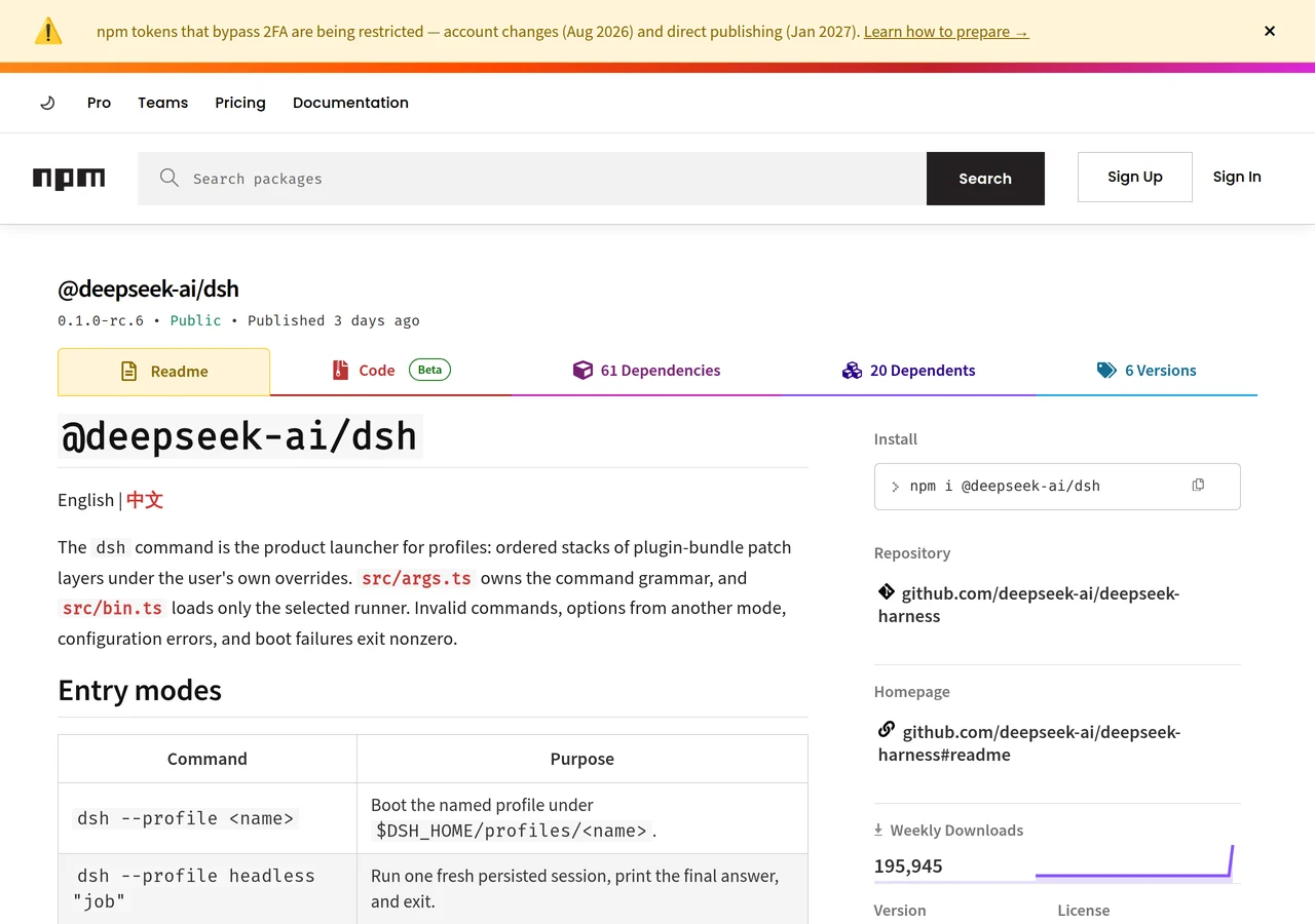 Screenshot of the npm page for the package at deepseek-ai slash dsh, showing version 0.1.0-rc.6 published three days ago, 61 dependencies, 20 dependents, 6 versions, and 195,945 weekly downloads