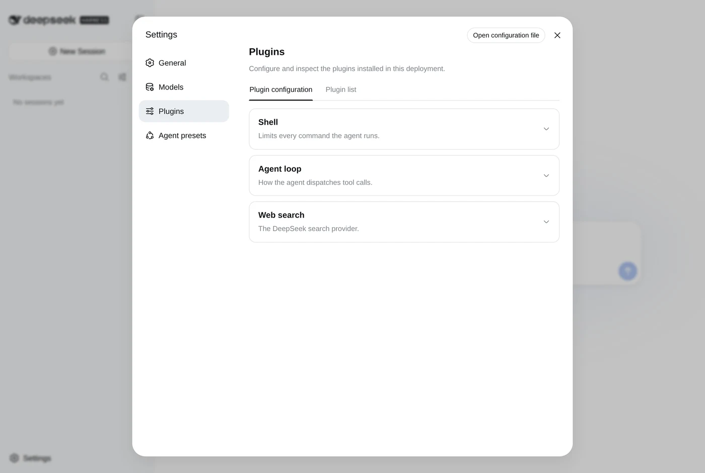 Screenshot of the DeepSeek Harness Plugin configuration tab showing three configurable plugins: Shell, described as Limits every command the agent runs; Agent loop, described as How the agent dispatches tool calls; and Web search, described as The DeepSeek search provider