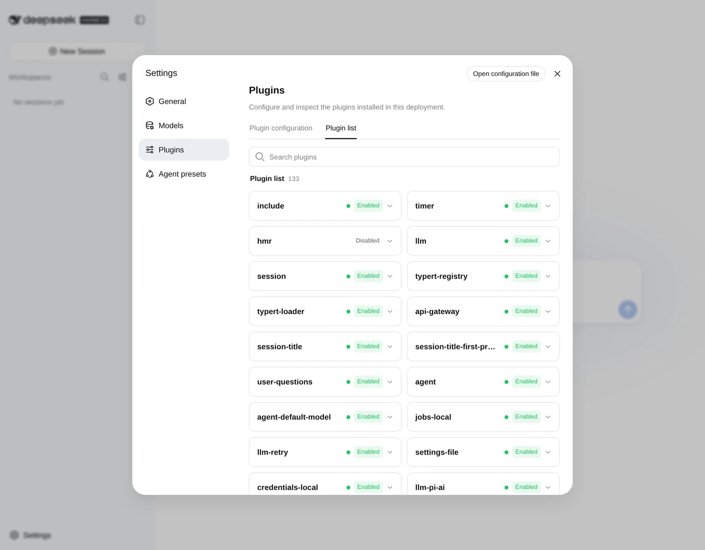 Screenshot of the DeepSeek Harness settings panel on the Plugin list tab, headed Plugins, Configure and inspect the plugins installed in this deployment, with a search box and a count of 133, listing include, timer, hmr, llm, session, typert-registry, typert-loader, api-gateway and others, each marked Enabled or Disabled