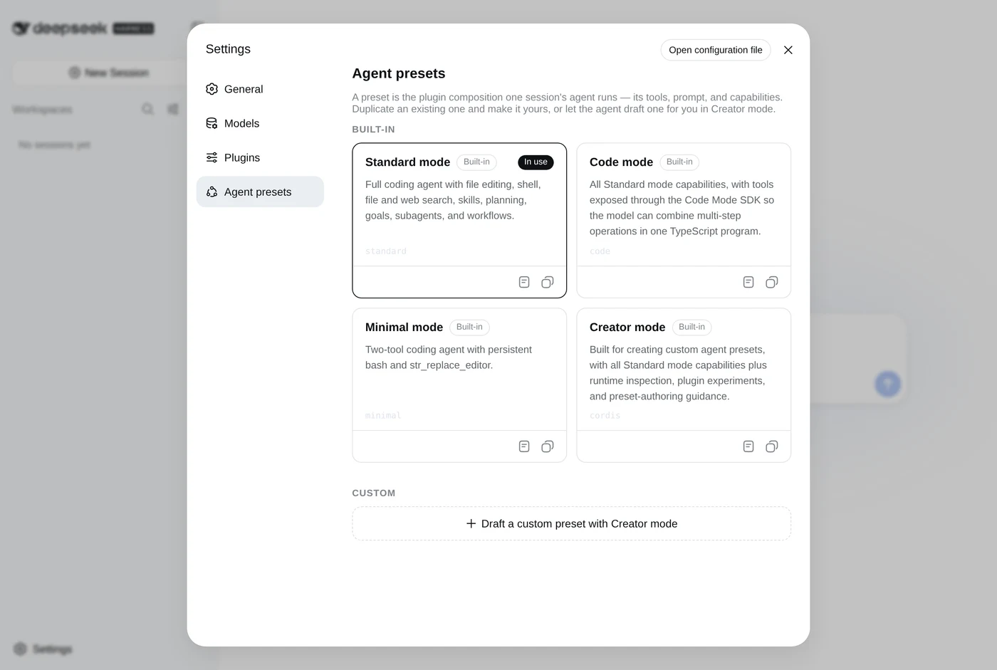 Screenshot of the DeepSeek Harness Agent presets panel showing four built-in presets, Standard mode marked In use, Code mode, Minimal mode and Creator mode, each with its preset id, above a Custom section offering to draft a custom preset with Creator mode