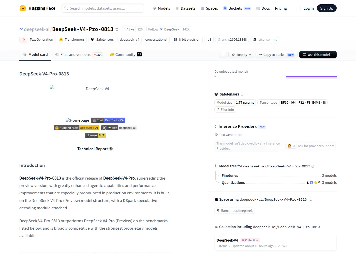 Screenshot of the DeepSeek-V4-Pro-0813 model page on Hugging Face, showing the MIT licence badge, 1.7T parameter listing and the model card describing the official release superseding the preview version