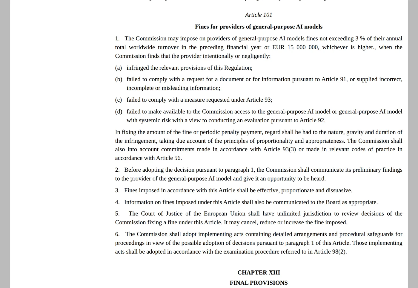 Screenshot of Article 101 of the AI Act on EUR-Lex, headed Fines for providers of general-purpose AI models, with paragraph 1 stating the Commission may impose fines not exceeding 3% of annual total worldwide turnover or EUR 15 000 000, whichever is higher, and listing the infringements that trigger them