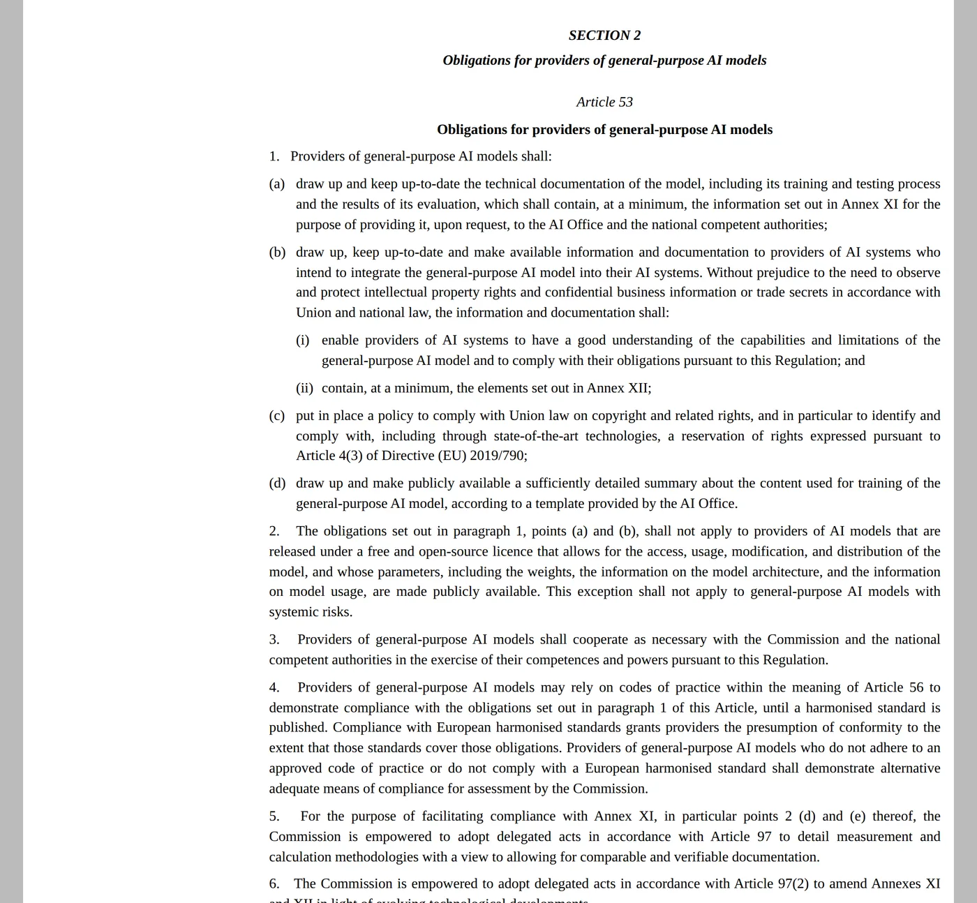 Screenshot of Article 53 of the AI Act on EUR-Lex, headed Obligations for providers of general-purpose AI models, listing the duties to draw up and keep up-to-date technical documentation, to make information available to downstream providers, to put in place a copyright policy, and to make publicly available a sufficiently detailed summary of training content