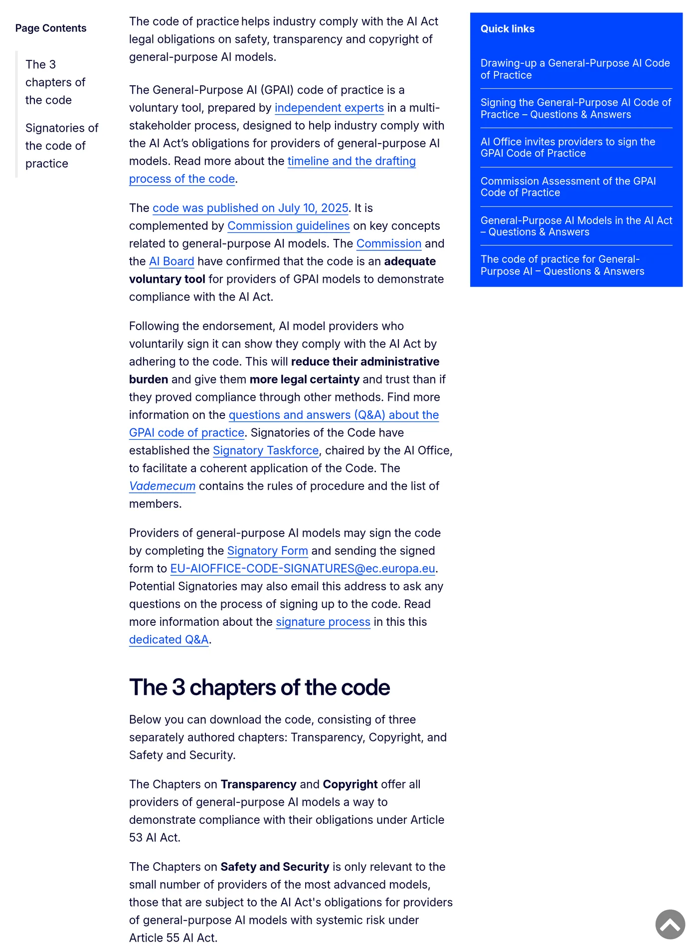 Screenshot of the European Commission's page on the contents of the General-Purpose AI Code of Practice, showing its three chapters, Transparency, Copyright, and Safety and Security, each with a description of what it requires and which providers it binds