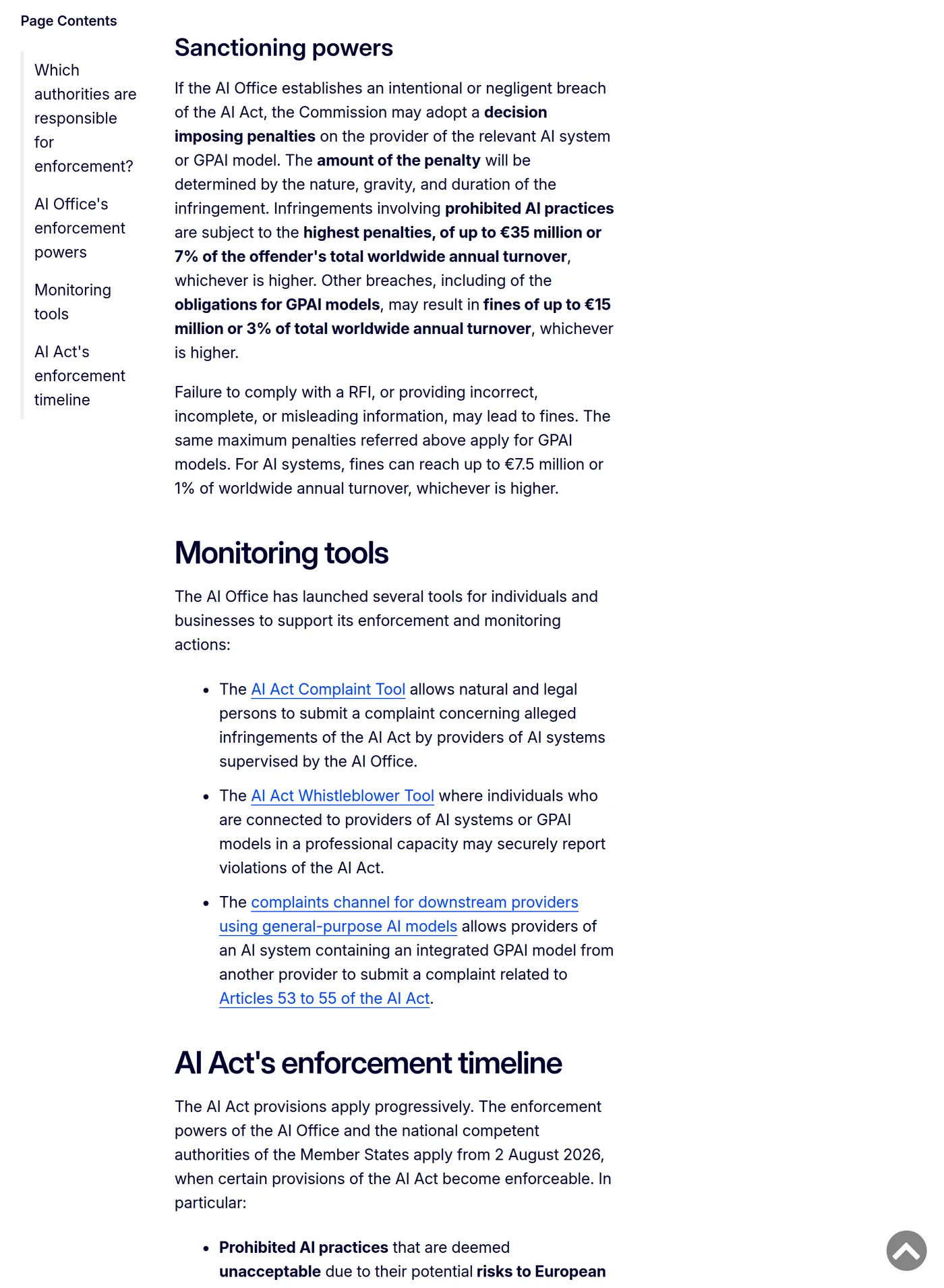 Screenshot of the European Commission's enforcement of the AI Act page, showing the three fine tiers, up to €35m or 7% of worldwide turnover for prohibited practices, up to €15m or 3% for other obligations including those on general-purpose AI providers, and up to €7.5m or 1% for supplying incorrect information, with the split of enforcement roles beneath