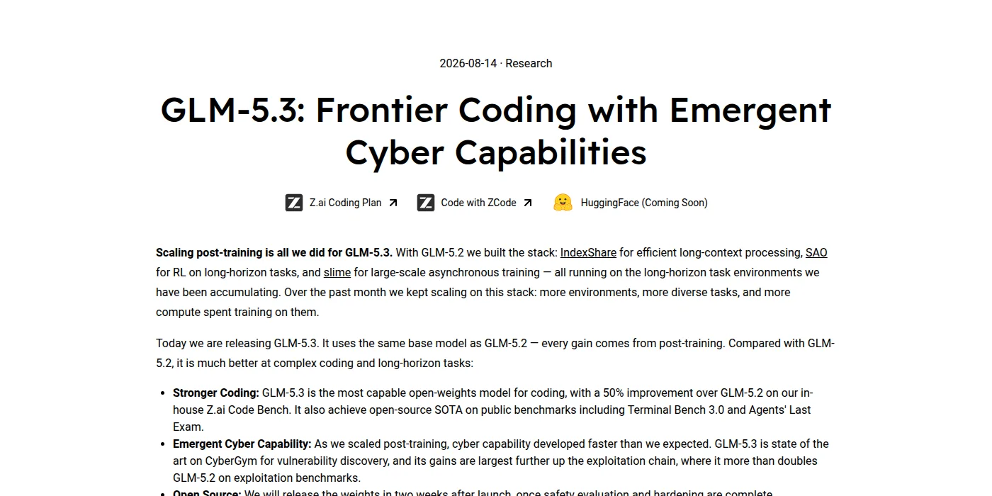Screenshot of Z.ai's announcement headed GLM-5.3: Frontier Coding with Emergent Cyber Capabilities, dated 2026-08-14, with buttons for the coding plan, the technical blog and a Hugging Face link marked Coming Soon