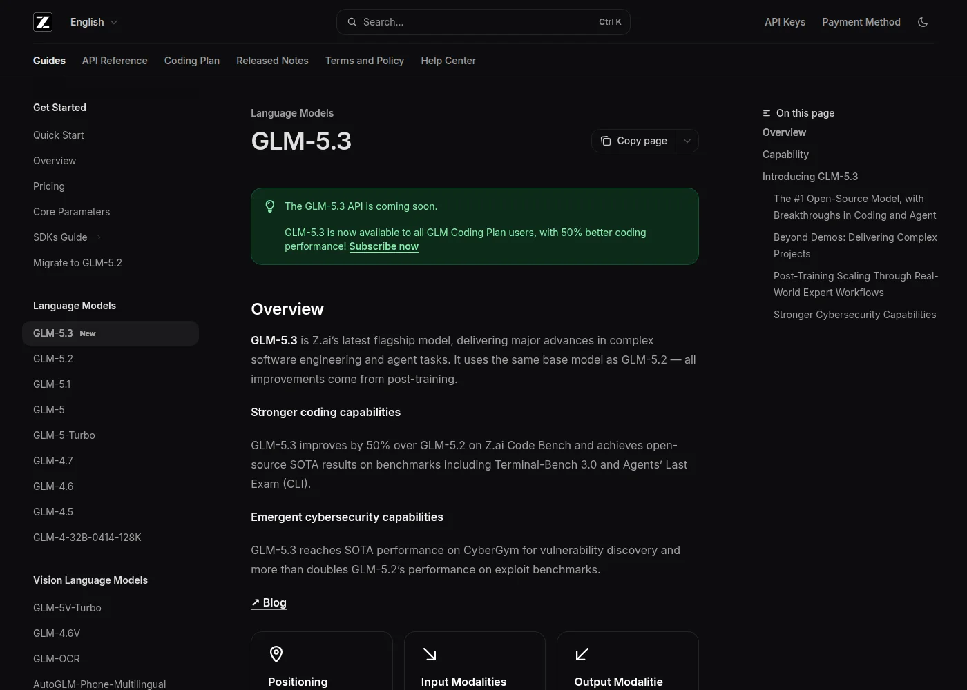 Screenshot of Z.ai's GLM-5.3 documentation page showing a banner reading The GLM-5.3 API is coming soon, and beneath it GLM-5.3 is now available to all GLM Coding Plan users