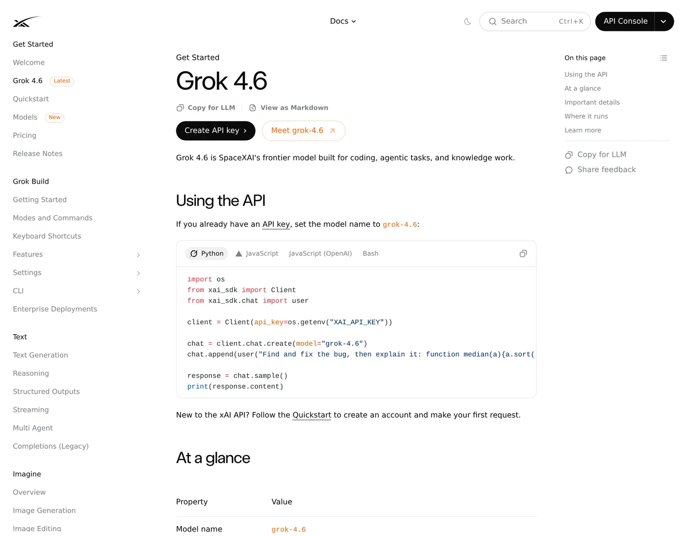 Screenshot of the Grok 4.6 model card on docs.x.ai, showing a Latest badge, the line Grok 4.6 is SpaceXAI's frontier model built for coding, agentic tasks, and knowledge work, and a Python example setting model to grok-4.6
