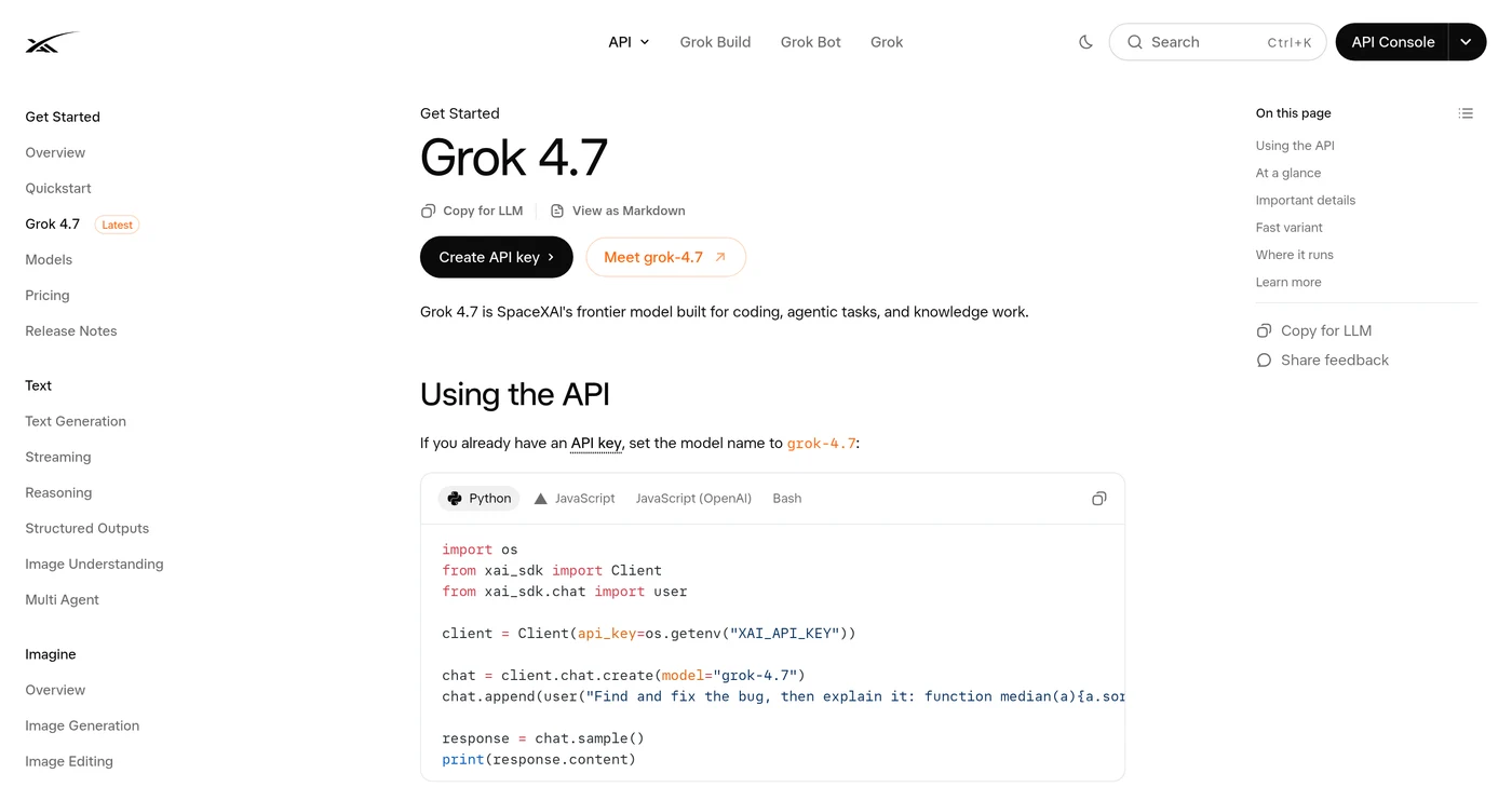 The Grok 4.7 page on docs.x.ai, showing a Latest badge beside Grok 4.7 in the sidebar, a Meet grok-4.7 button, the line Grok 4.7 is SpaceXAI's frontier model built for coding, agentic tasks, and knowledge work, and a Python example setting model to grok-4.7