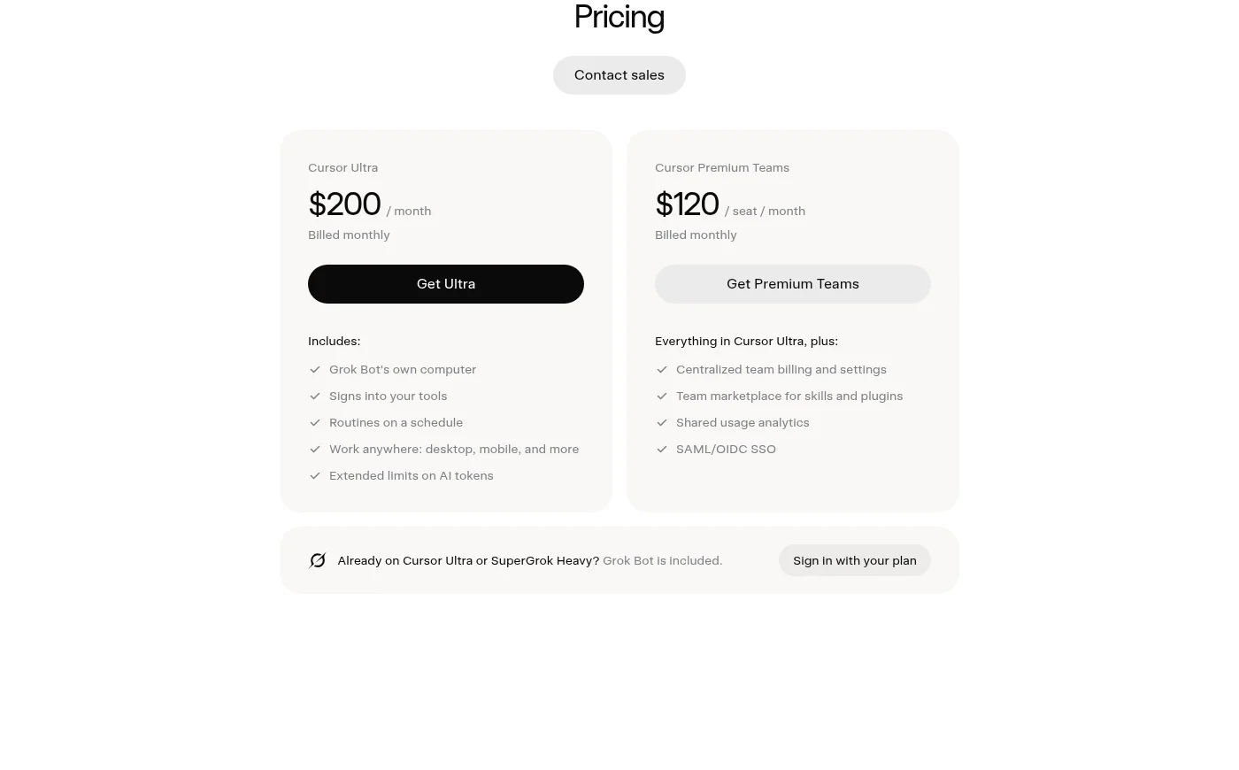 Screenshot of the pricing section on x.ai/bot showing two cards: Cursor Ultra at $200 per month and Cursor Premium Teams at $120 per seat per month, both billed monthly, with the Teams card listing everything in Cursor Ultra plus centralised team billing and a team marketplace for skills and plugins