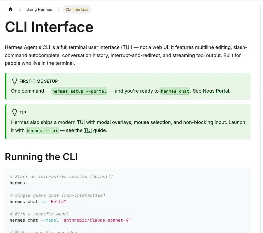 The CLI Interface page of the Hermes Agent documentation, describing a full terminal user interface with multiline editing, slash-command autocomplete and streaming tool output