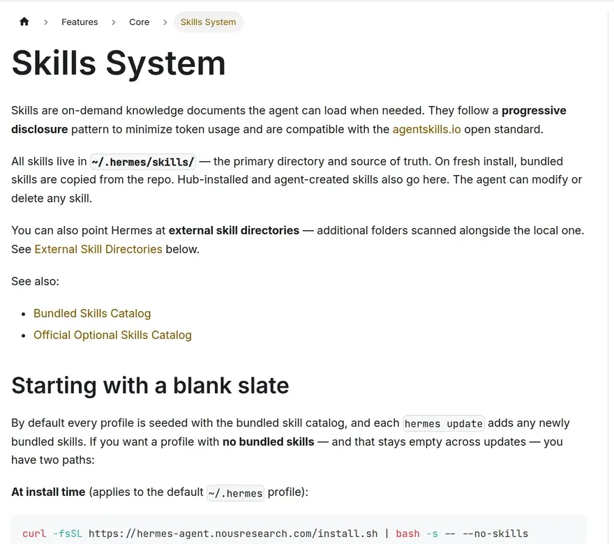 The Skills System page of the Hermes Agent documentation, showing that skills live in the tilde slash dot hermes slash skills directory