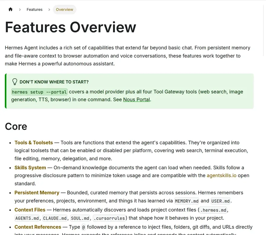 The Hermes Agent features overview in its documentation, listing tools and toolsets, the skills system, persistent memory, context files and checkpoints