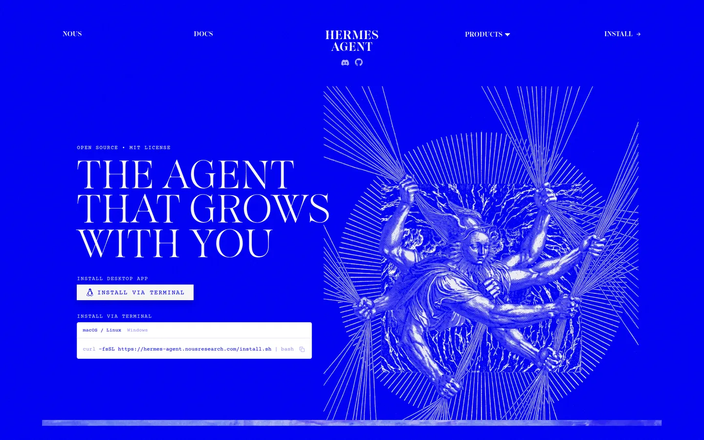 The Hermes Agent website: a blue page headed The Agent That Grows With You, with an install command and a desktop app download button