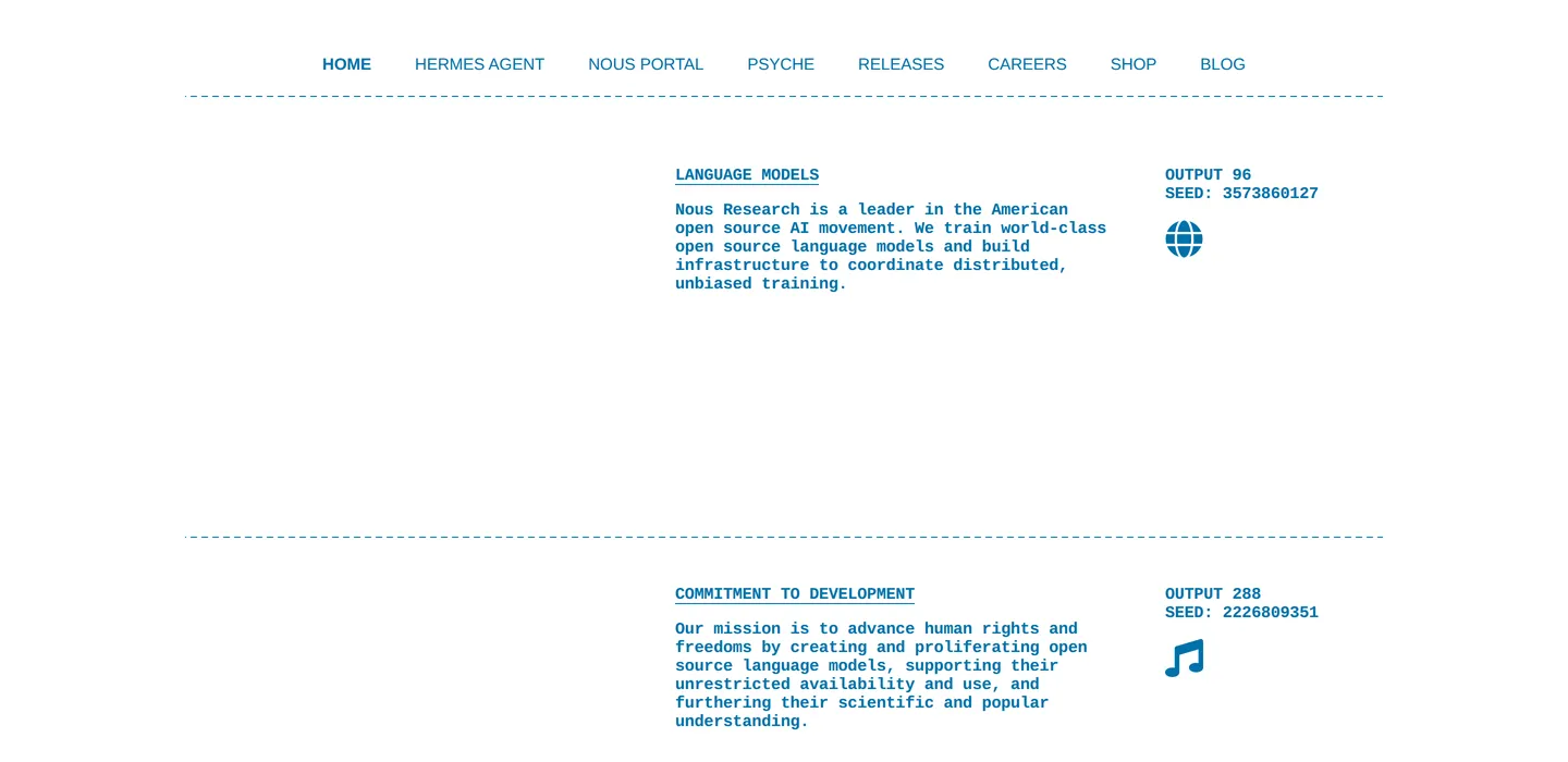 The Nous Research homepage, a pale blue page describing the lab as a leader in the American open source AI movement