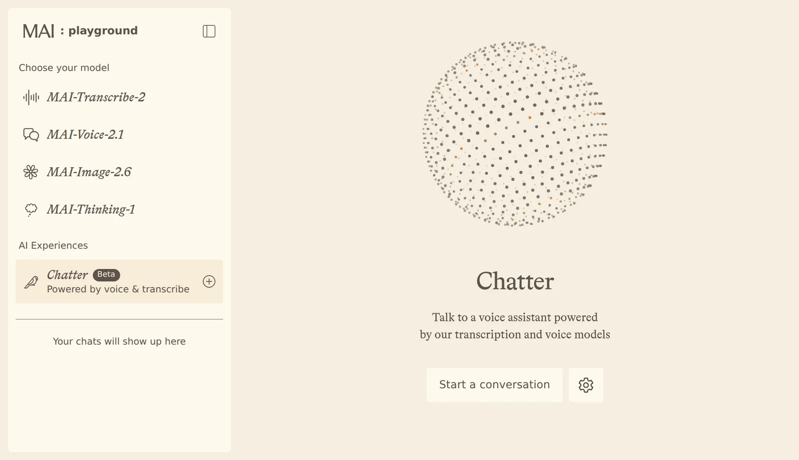 The MAI Playground Chatter screen: a sphere drawn in dots above the heading Chatter, the line Talk to a voice assistant powered by our transcription and voice models, and a Start a conversation button, with a sidebar listing MAI-Transcribe-2, MAI-Voice-2.1, MAI-Image-2.6 and MAI-Thinking-1 and a Chatter Beta entry.