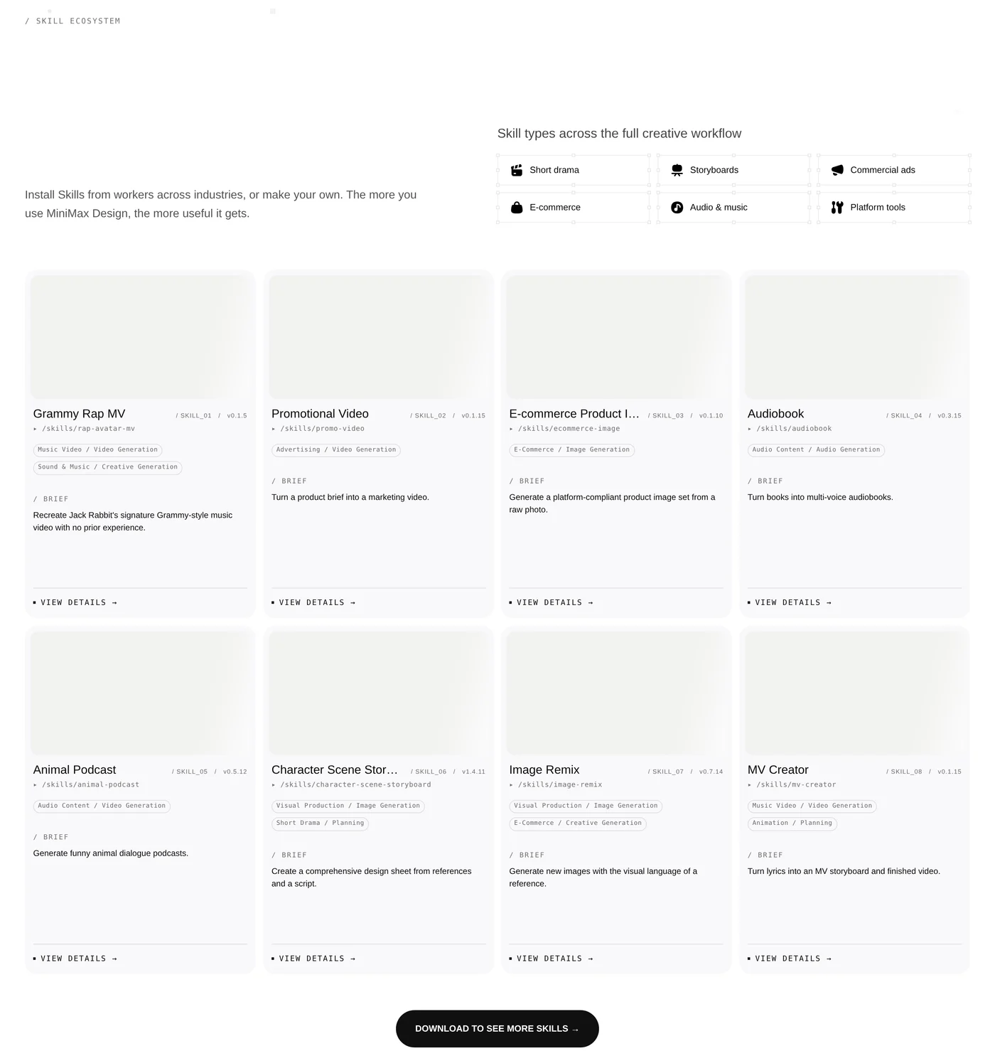 The Skill ecosystem section of the MiniMax Design page. Skill types run across short drama, storyboards, commercial ads, e-commerce, audio and music, and platform tools. Eight skill cards are listed with their paths and version numbers, among them Grammy Rap MV, Promotional Video, E-commerce Product Image, Audiobook, Animal Podcast, Character Scene Storyboard, Image Remix and MV Creator