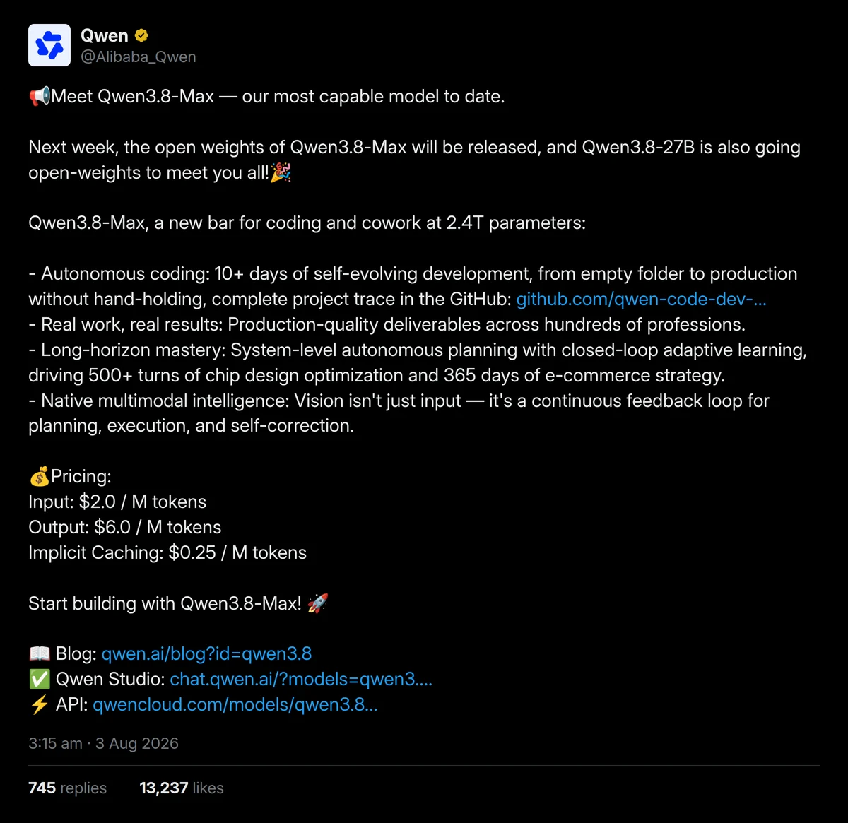 Qwen's full announcement post on X, listing 2.4T parameters, autonomous coding, long-horizon mastery, native multimodal intelligence, and pricing of two dollars input and six dollars output per million tokens