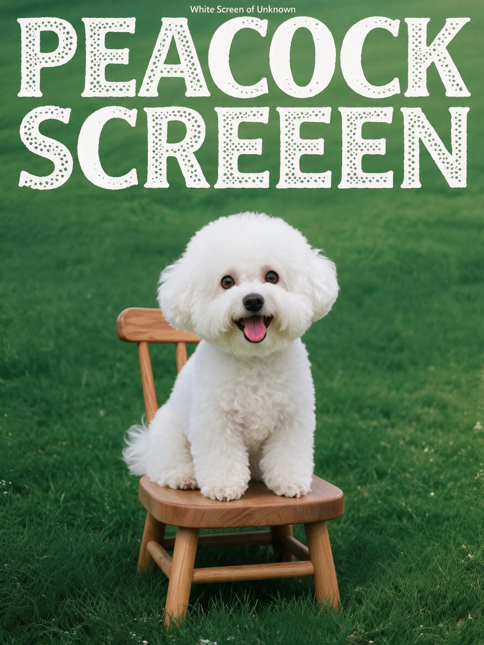 A generated poster: a fluffy white Bichon dog sitting on a small wooden chair on a green lawn, under huge dotted white capital letters reading PEACOCK SCREEN and a small line of text beneath.