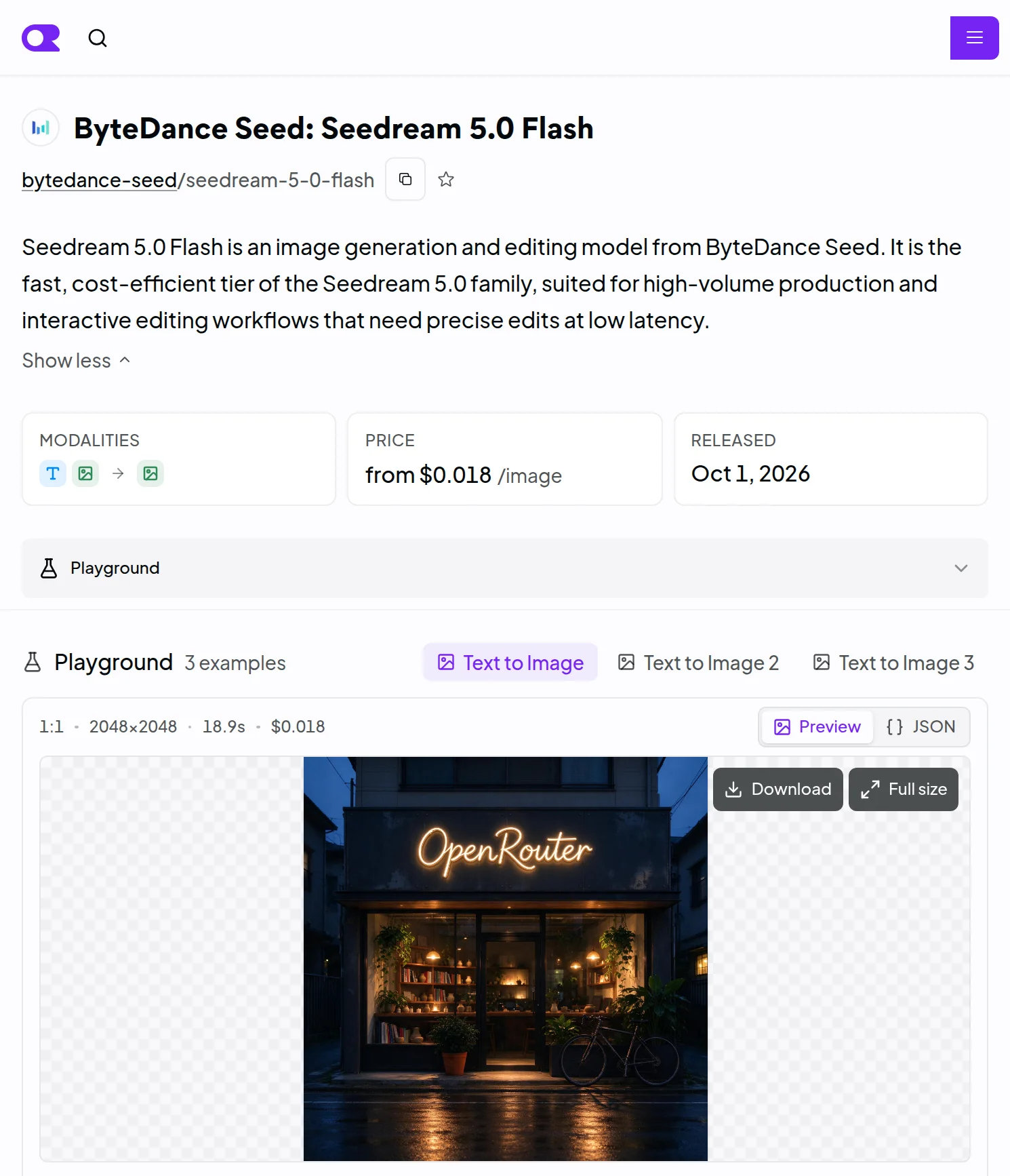 OpenRouter's page for ByteDance Seed: Seedream 5.0 Flash, showing its description, text-to-image modality, a price from $0.018 per image and a release date of 1 October 2026, above an example output of a neon OpenRouter shop sign generated at 2048 by 2048 pixels for $0.018.