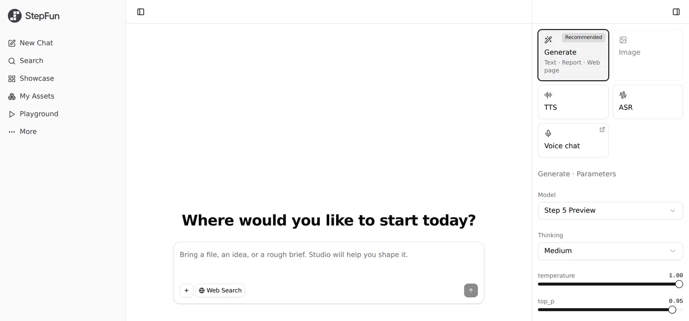 StepFun AI Studio in a web browser: a prompt box headed Where would you like to start today?, and a Generate parameters panel on the right with Model set to Step 5 Preview, Thinking set to Medium, temperature 1.00 and top_p 0.95