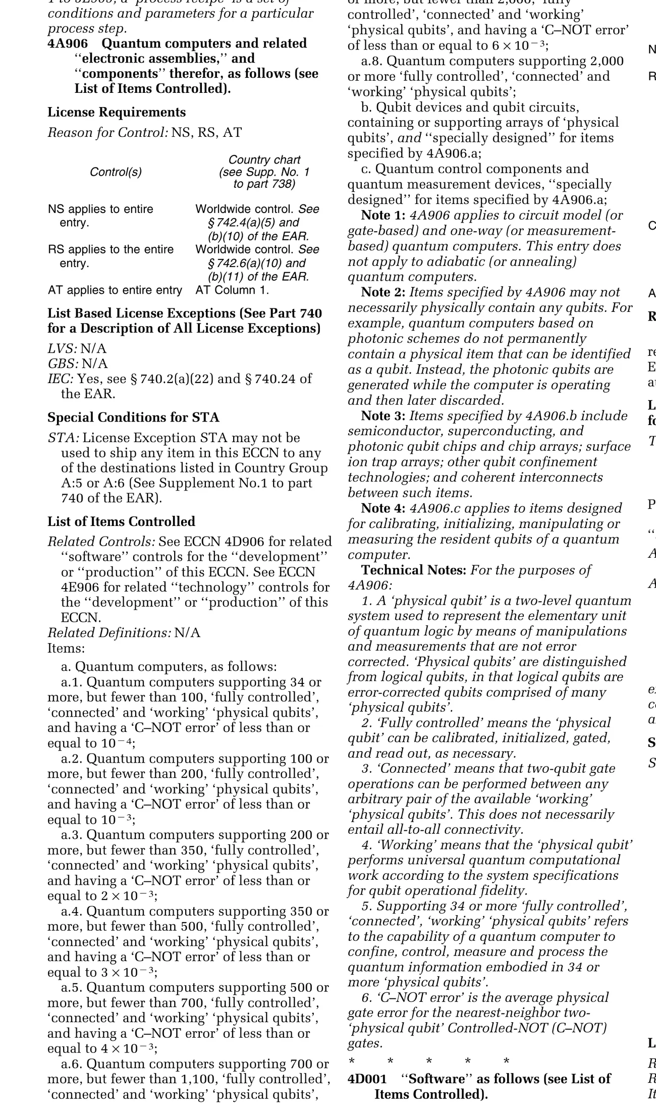 Crop of the Federal Register rule at 89 FR 72954 showing ECCN 4A906's control ladder, items a.1 through a.8, from 34 or more but fewer than 100 fully controlled, connected and working physical qubits with a C-NOT error rate less than 1e-4, up to 2,000 or more qubits at any error rate