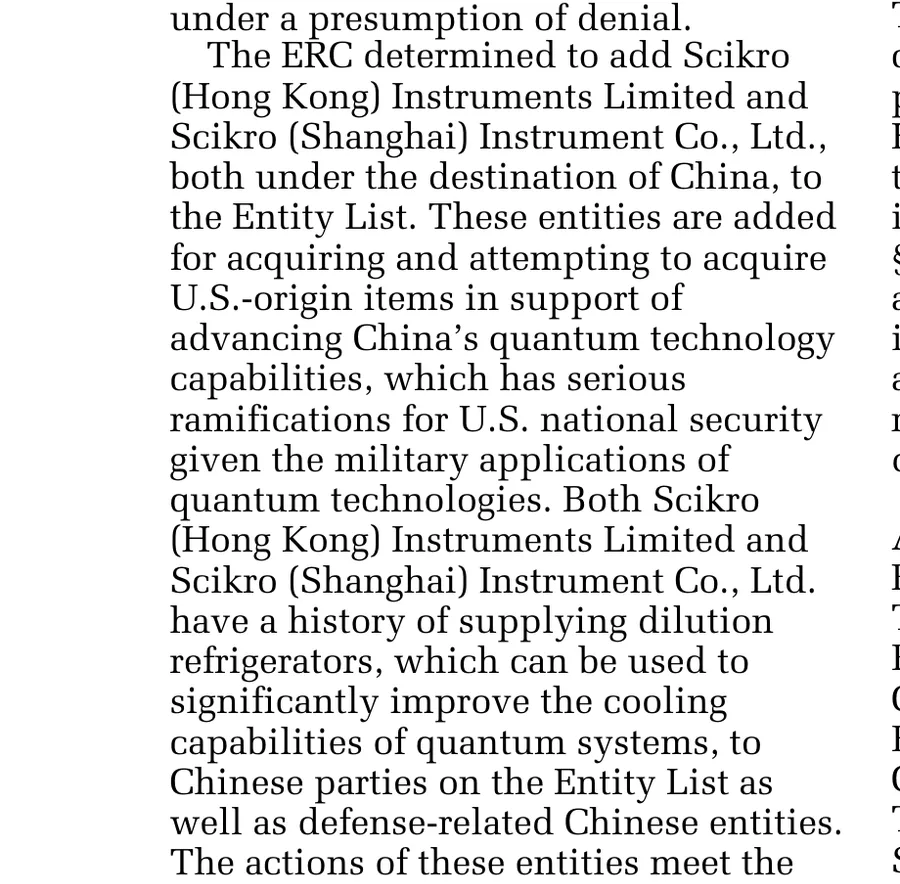 Crop of the March 2025 Federal Register Entity List rule naming Scikro Hong Kong and Scikro Shanghai for acquiring US-origin items in support of China's quantum technology capabilities, with the passage noting their history of supplying dilution refrigerators to listed Chinese parties