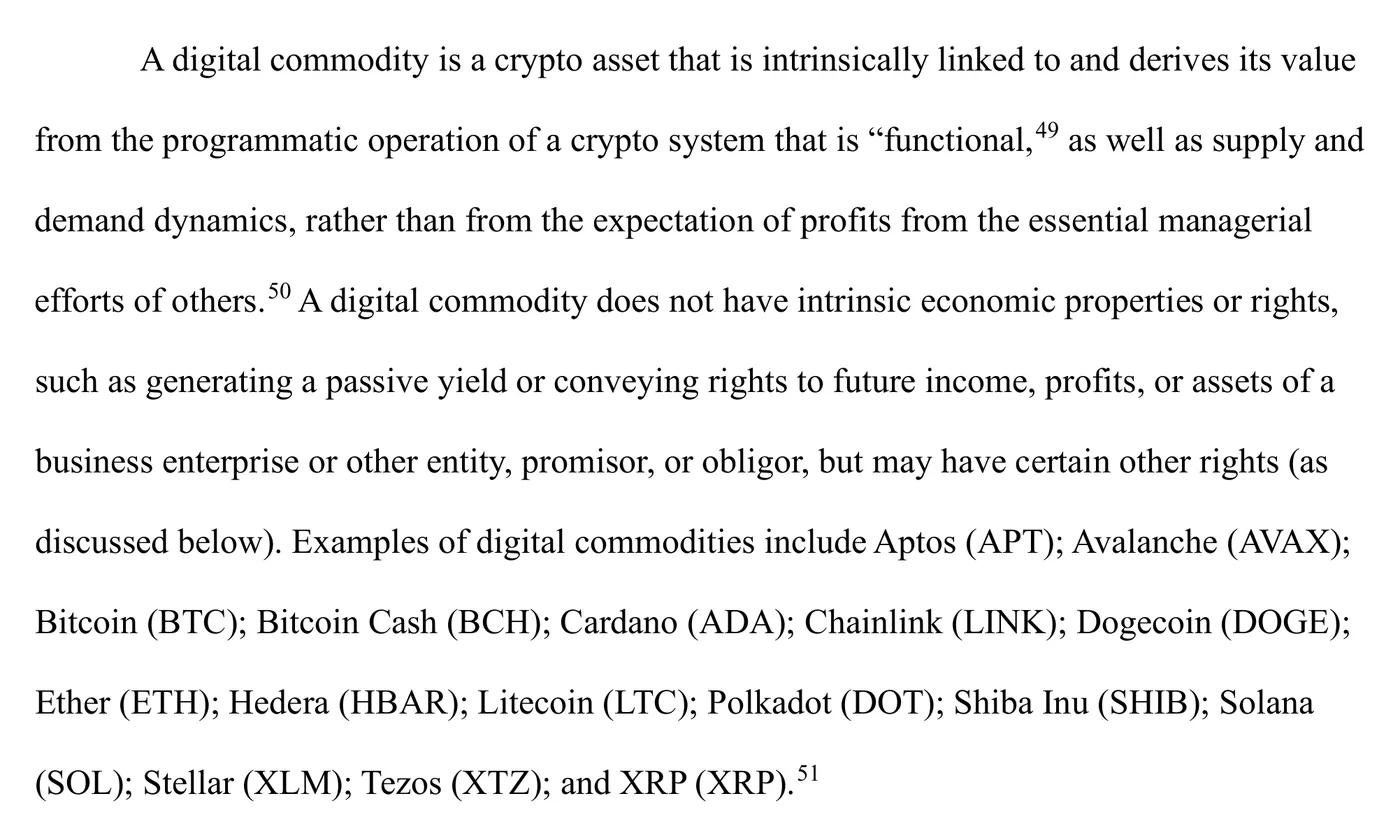 Crop of page 14 of SEC interpretive release 33-11412 showing the definition of a digital commodity and the paragraph listing the sixteen example digital commodities from Aptos through XRP