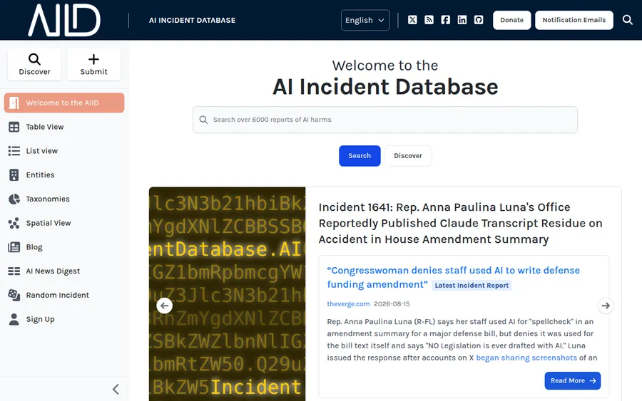AI Incident Database homepage