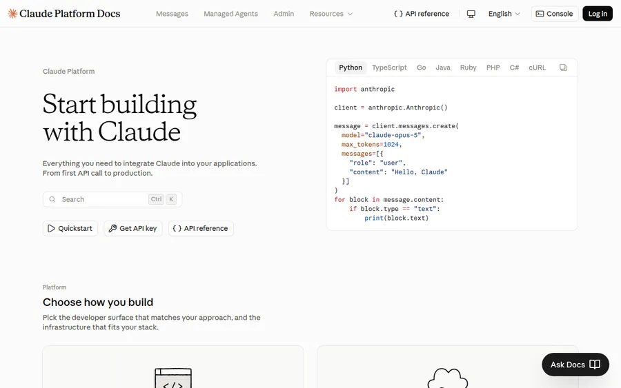Claude docs homepage