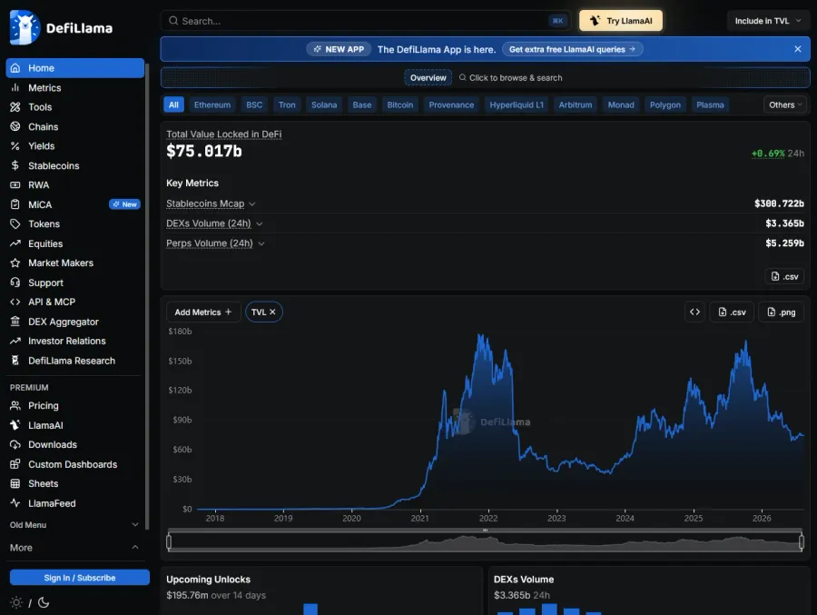 DefiLlama homepage