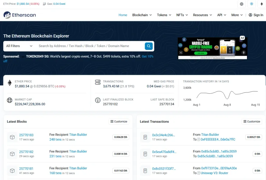 Etherscan homepage