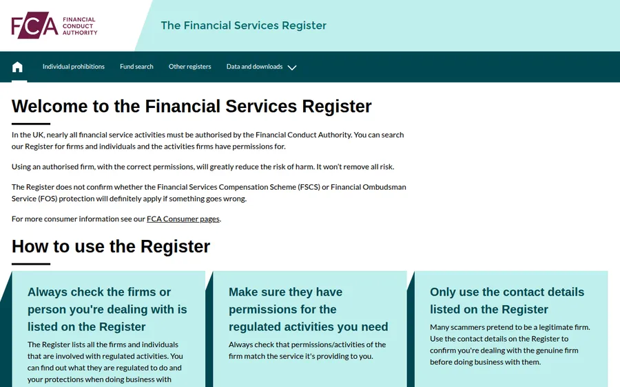 FCA register homepage